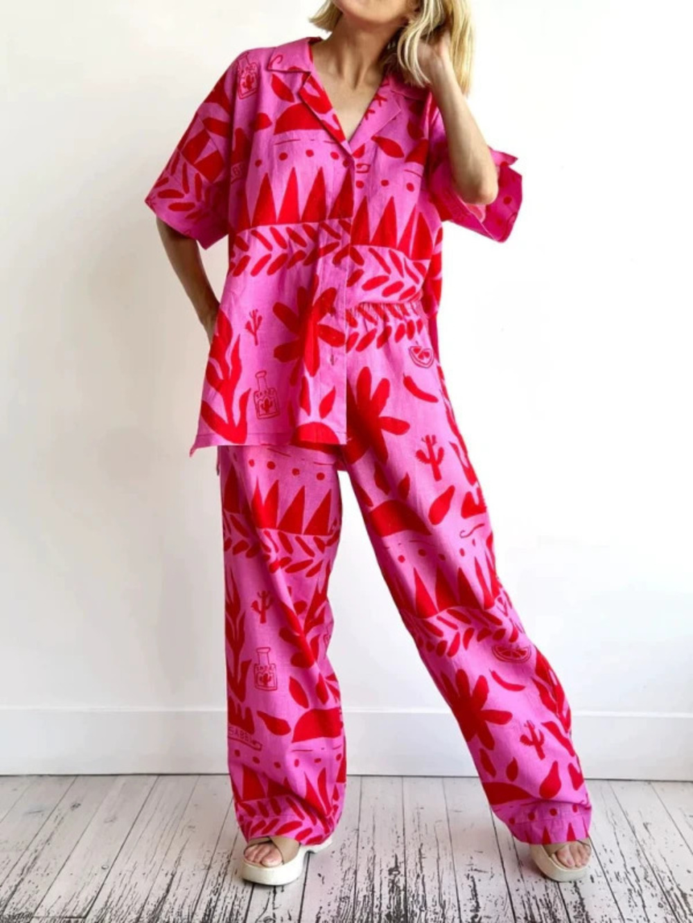 ZARA Womens Casual Versatile Printed Cardigan Blouse Set